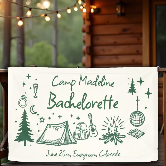 Camp Bachelorette Camping Hand Drawn Writing Green Banner (camp bachelorette banner camping hand drawn written green forest moss girls trip bach)