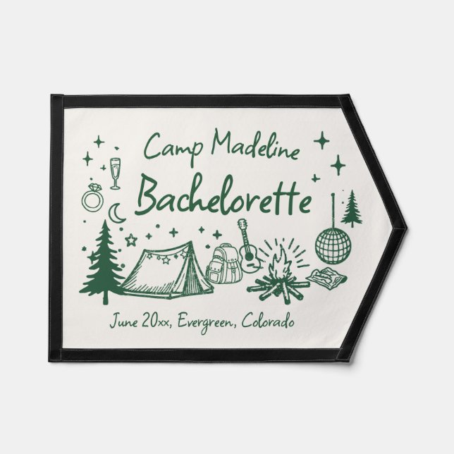 Camp Bachelorette Camping Hand Drawn Writing Green Pennant (Front)