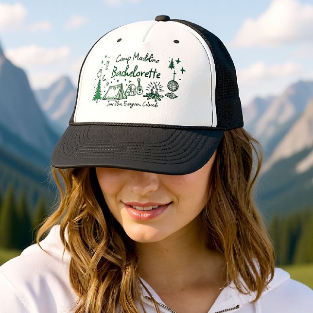 Camp Bachelorette Camping Hand Drawn Writing Green Trucker Hat (camp bachelorette trucker hat camping hand drawn written girls trip bach green glamping)
