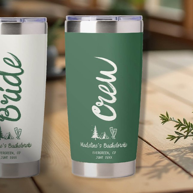 Camp Bachelorette Crew Hand Drawn Writing Green Insulated Tumbler (camp bachelorette bridesmaid tumbler hand drawn handwriting hand written camping glamping hiking)