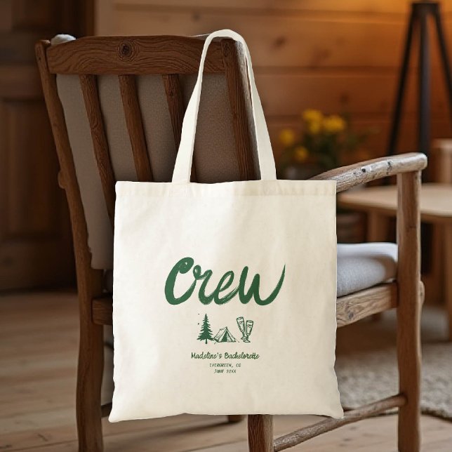 Camp Bachelorette Crew Hand Drawn Writing Green Tote Bag (camp bachelorette bridesmaid tote bag handwriting hand written camping glamping hiking bach)