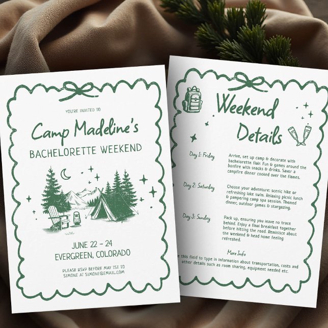 Camp Bachelorette Green Bow Camping Itinerary Invitation (camp bachelorette invitation itinerary camping hiking mountains nature bach glamping)
