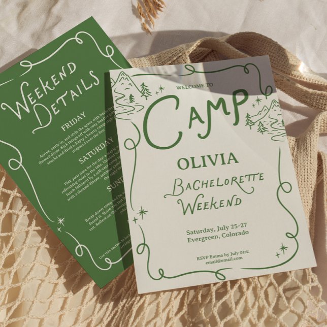 Camp Bachelorette Green Camping Itinerary  Invitation (camp bachelorette itinerary, camping bachelorette party, green bachelorette decor, outdoor bachelore)