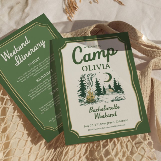 Camp Bachelorette Green Glamping Itinerary  Invitation (Camp Bachelorette Green Glamping Itinerary )