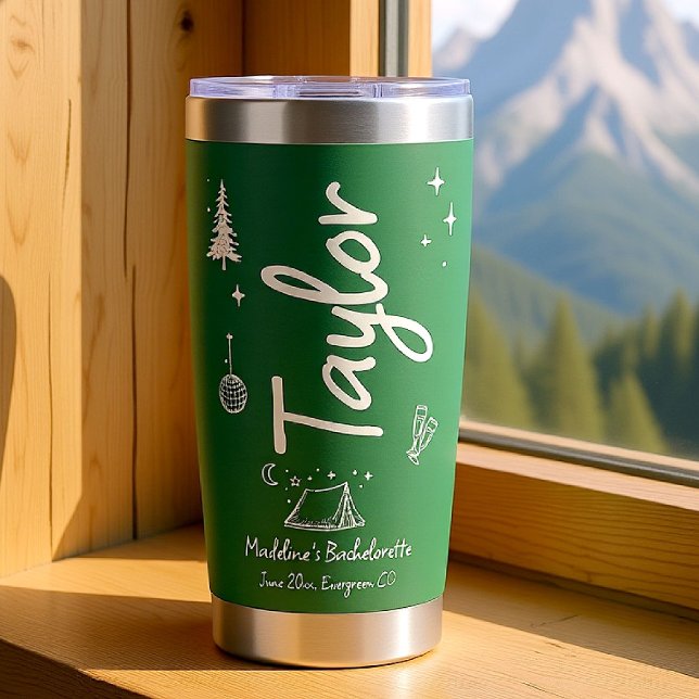 Camp Bachelorette Hand Drawn Written Green Custom Insulated Tumbler (camp bachelorette tumbler personalized bridesmaid gift camping hand drawn written green girls trip)