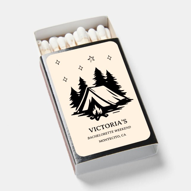 Camp Bachelorette Matchboxes, Modern Rustic party Matchboxes (Front Open)