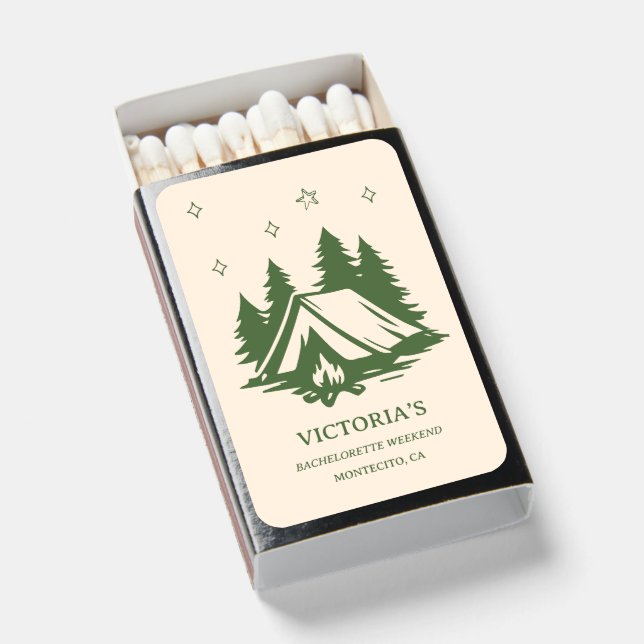 Camp Bachelorette Matchboxes, Modern Rustic Party Matchboxes (Front Open)