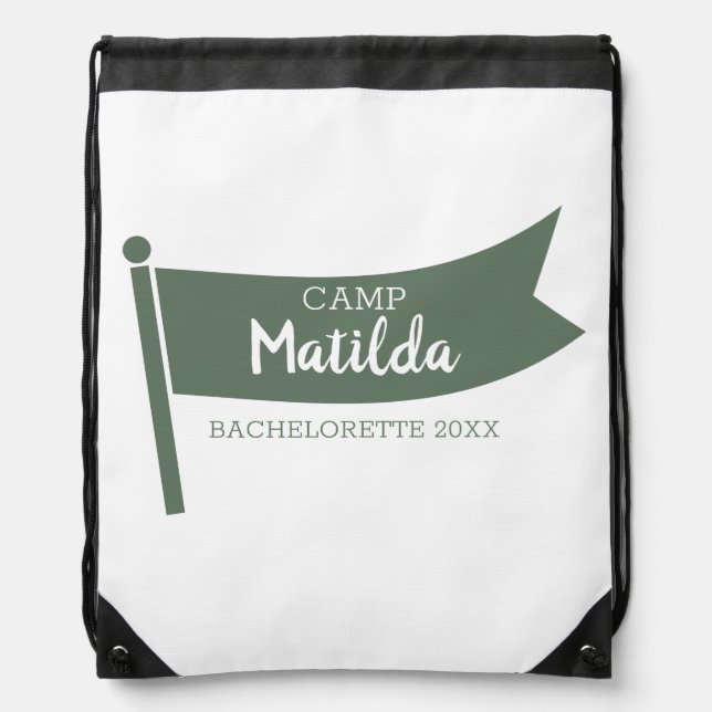 Camp Bachelorette Mountain Green Flag Camping Drawstring Bag (Front)