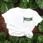 Camp Bachelorette Mountain Green Flag Camping T-Shirt<br><div class="desc">Camp bachelorette party shirts. Are you going to have a camping-themed bachelorette party? Whether you head to the forest, mountains or lake this camp bachelorette collection will complete your party. Design features forest green flag with text camp and custom name. Click "personalize" to add your details or "edit using design...</div>