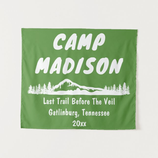 Camp Bachelorette Mountain Trip Camping Prop Sign Tapestry (Front (Horizontal))
