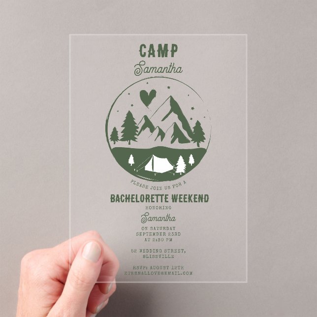 Camp Bachelorette Party Camping Bach Weekend Acrylic Invitations (Insitu (Handheld))