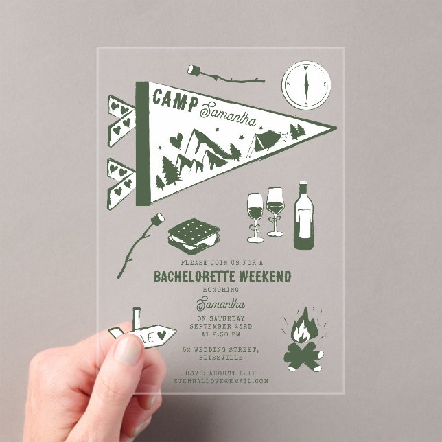 Camp Bachelorette Party Camping Bach Weekend Acrylic Invitations (Insitu (Handheld))