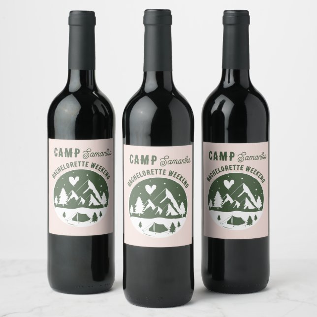Camp Bachelorette Party Camping Bach Weekend Pink Wine Label (Bottles)
