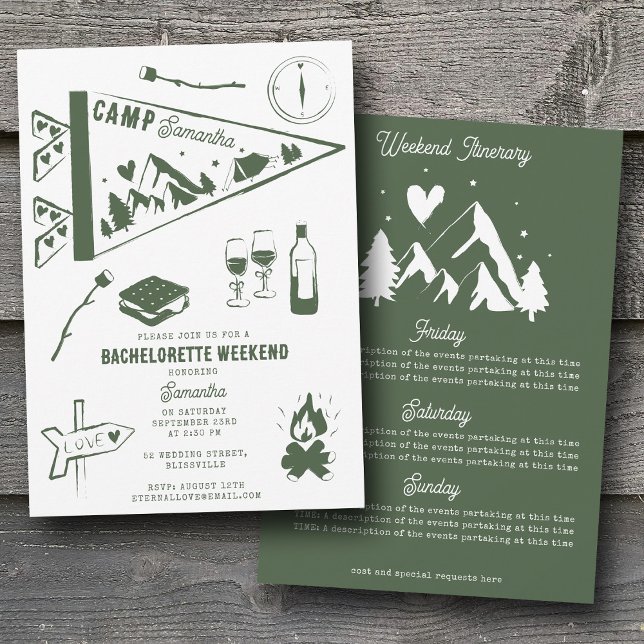 Camp Bachelorette Party Camping Weekend Itinerary  Invitation (Camp Bachelorette Party Camping Weekend Itinerary Invitation)