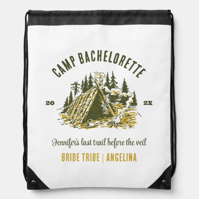 Camp Bachelorette Party Girls Camping Trip Custom Drawstring Bag (Front)