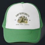 Camp Bachelorette Party Girls Camping Trip Custom Trucker Hat<br><div class="desc">Experience Adventure with Camp Bachelorette Party Custom Gifts! Gear up for an unforgettable bachelorette party that blends outdoor excitement with personalized style. This custom merchandise is the perfect addition to your camp-themed celebration, adding a touch of elegance and individuality to your bach trip. Elevate your camping experience with this custom...</div>