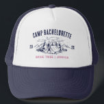 Camp Bachelorette Party Girls Trip Custom Camping Trucker Hat<br><div class="desc">Experience Adventure with Camp Bachelorette Party Custom Gifts! Gear up for an unforgettable bachelorette party that blends outdoor excitement with personalized style. This custom merchandise is the perfect addition to your camp-themed celebration, adding a touch of elegance and individuality to your bach trip. Elevate your camping experience with this custom...</div>