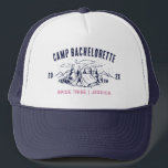 Camp Bachelorette Party Girls Trip Custom Camping Trucker Hat<br><div class="desc">Experience Adventure with Camp Bachelorette Party Custom Gifts! Gear up for an unforgettable bachelorette party that blends outdoor excitement with personalized style. This custom merchandise is the perfect addition to your camp-themed celebration, adding a touch of elegance and individuality to your bach trip. Elevate your camping experience with this custom...</div>