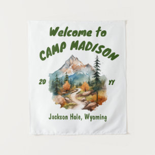 Camp Bachelorette Party Mountain Camping Prop Sign Tapestry
