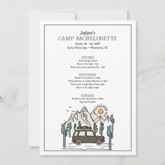 Camp Bachelorette Party Weekend Itinerary Invitation (Front)