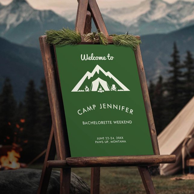 Camp Bachelorette Party Welcome Sign Forest Green (camp bachelorette party forest green welcome sign board)