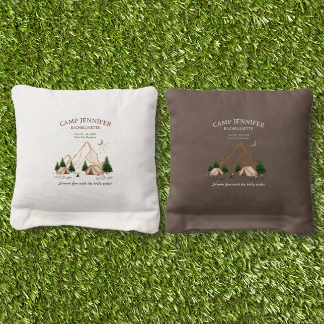 Camp Bachelorette Weekend Adventure Cornhole Bags (Grass)