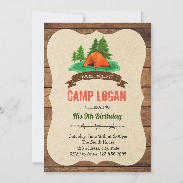 Camp birthday party invitation (Front)