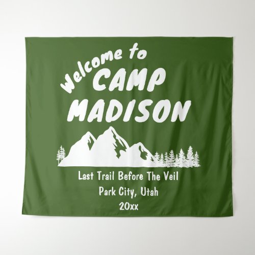 Camp Bridal Shower Mountain Bach Camping Prop Sign Tapestry