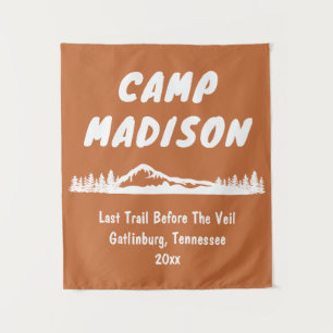Camp Bridal Shower Mountain Trip Camping Prop Sign Tapestry