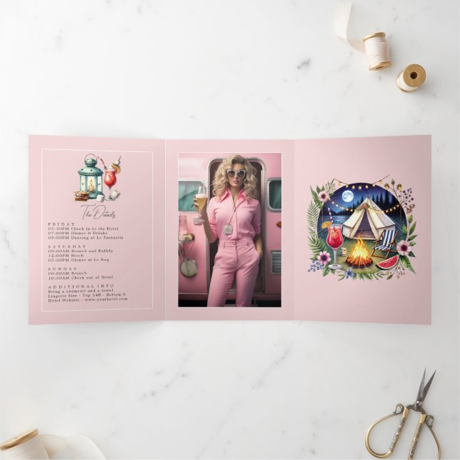 Camp Bride Bachelorette Weekend Photo and QR Code Tri-Fold Invitation (Inside)