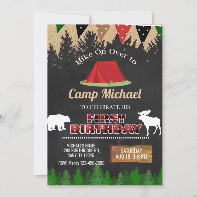 Camp, camping boy 1st first birthday invitation. invitation (Front)