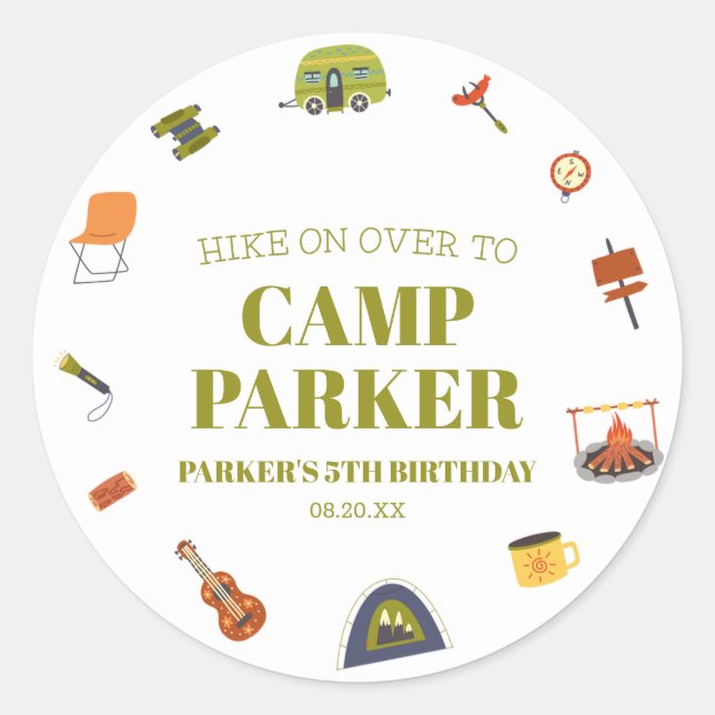 Camp Camping Camper Birthday Party Classic Round Sticker (Front)