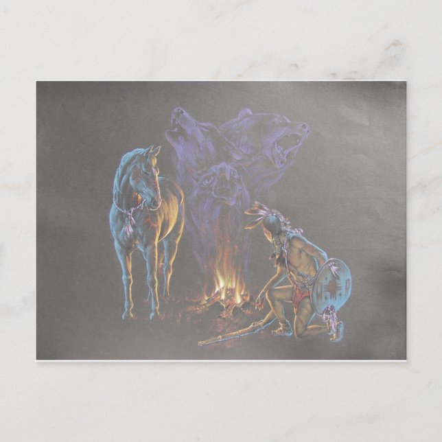 Camp Fire Native American Indian Warrior Postcard (Front)