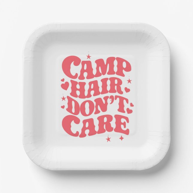 Camp Hair Don't Care Summer Camping Girls Groovy Paper Plates (Front)