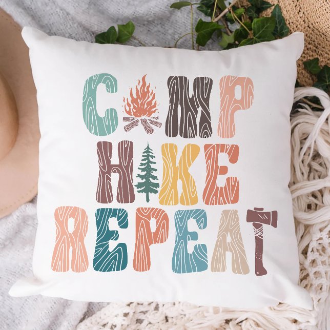 Camp Hike Repeat Camping Inspiration Throw Pillow (Creator Uploaded)