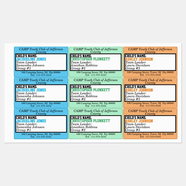 Camp Identification Blue Green Orange NAMES Kids' Labels (Sheet)