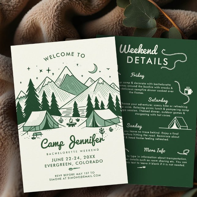 Camp Itinerary Green Camping Bachelorette Party Invitation (camp bachelorette invitation itinerary green camping glamping 3-day weekend bach nature)