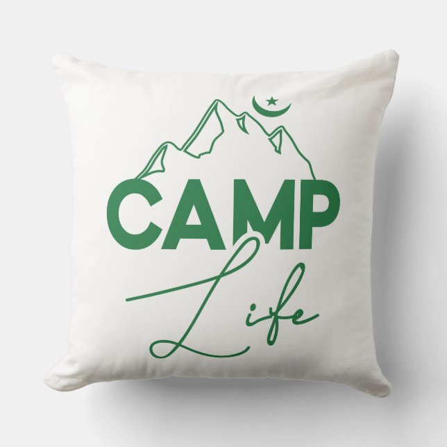 Camp Life Green Typography Fun T-Shirt Throw Pillow (Front)