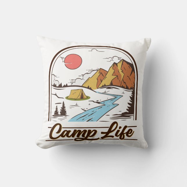 Camp Life Mountain Camping Throw Pillow (Front)