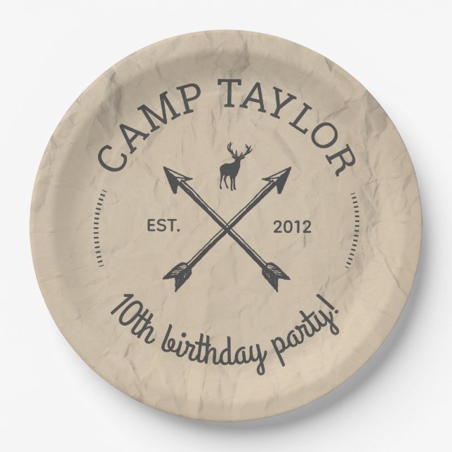 Camp Name Logo Birthday Party Paper Plates (Front)