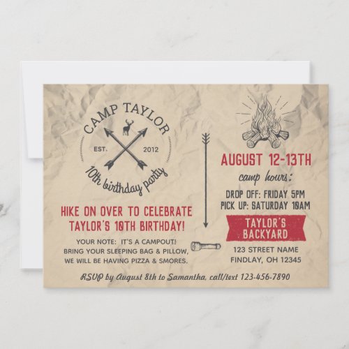 Camp Name Postcard Birthday Party Invitation