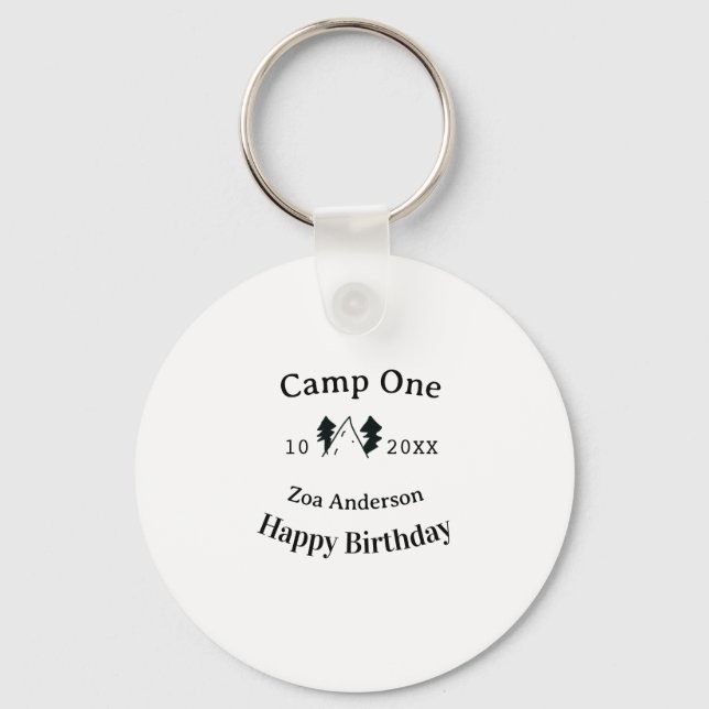 Camp one happy birthday name date campingadventure keychain (Front)