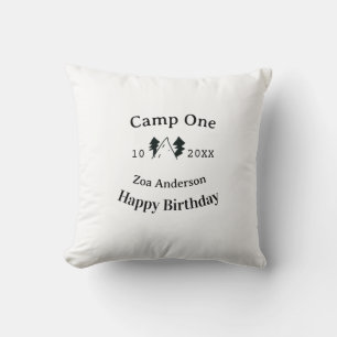 Camp one happy birthday name date campingadventure throw pillow