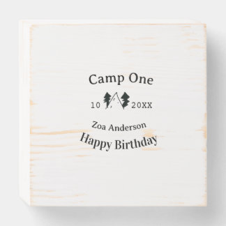 Camp one happy birthday name date campingadventure wooden box sign