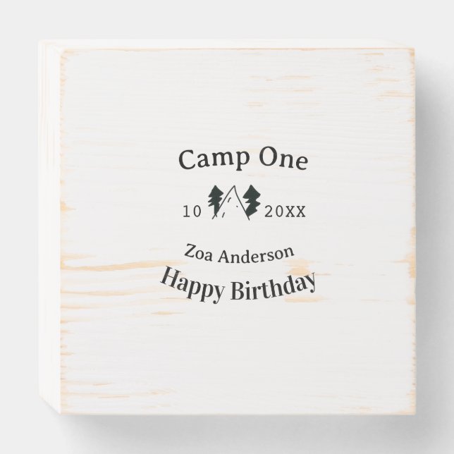 Camp one happy birthday name date campingadventure wooden box sign (Front Horizontal)