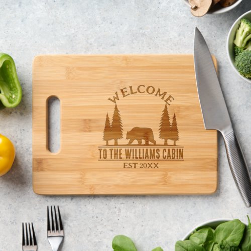 Camp Outdoors Bear Personalized Family Cabin Name Cutting Board