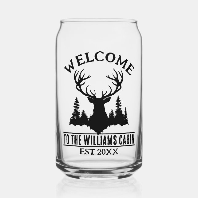 Camp Outdoors Deer Personalized Family Cabin Name Can Glass (Front)