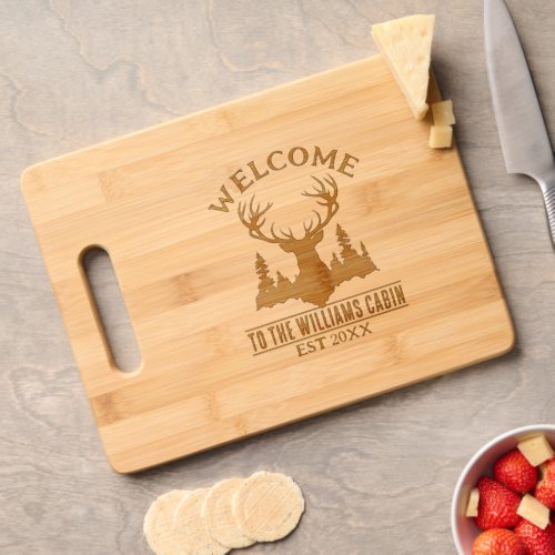 Camp Outdoors Deer Personalized Family Cabin Name Cutting Board
