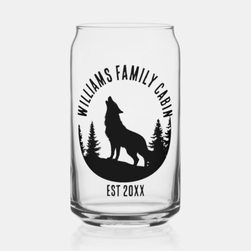 Camp Outdoors Wolf Personalized Family Cabin Name Can Glass