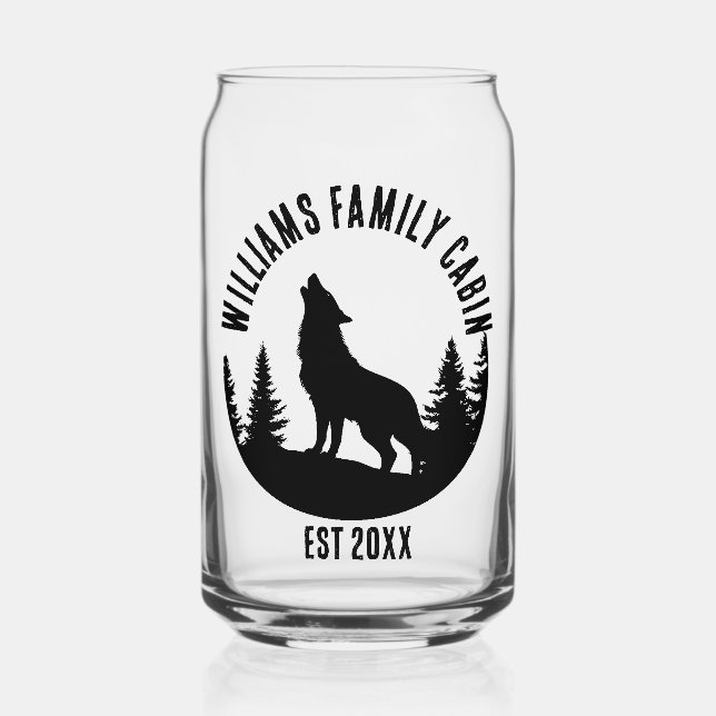 Camp Outdoors Wolf Personalized Family Cabin Name Can Glass (Front)